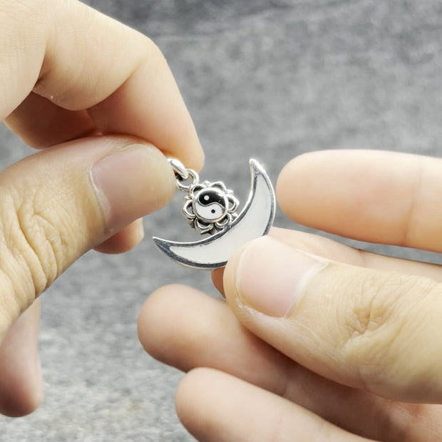 Yin Yang Symbol with inlaid Crescent Moon Sterling Silver Pendant TPD4954