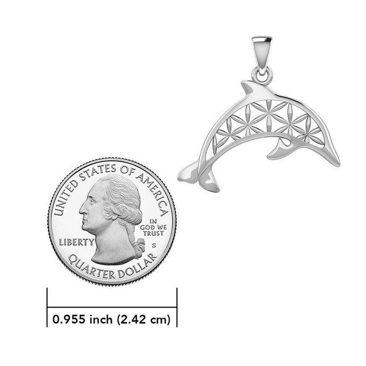 Swimming Dolphin with Flower of Life Silver Pendant TPD5272