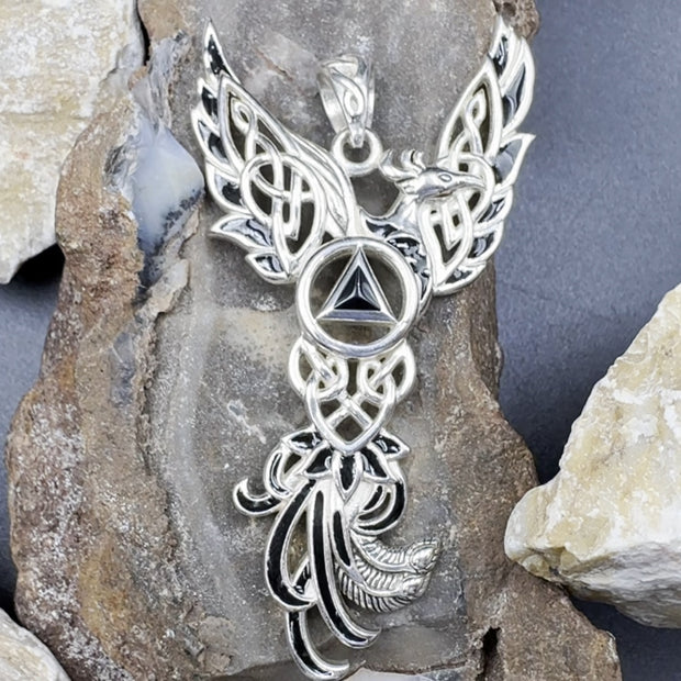 Celtic Phoenix Recovery Silver Pendant with Red Enamel and Black Onyx TPD5874
