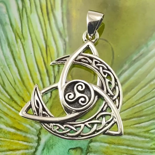 Trinity Knot with Celtic Crescent Moon and Triskele Sterling Silver Pendant TPD5885