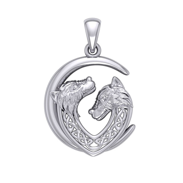 Double Celtic Wolves with Crescent Moon Silver Pendant TPD6042