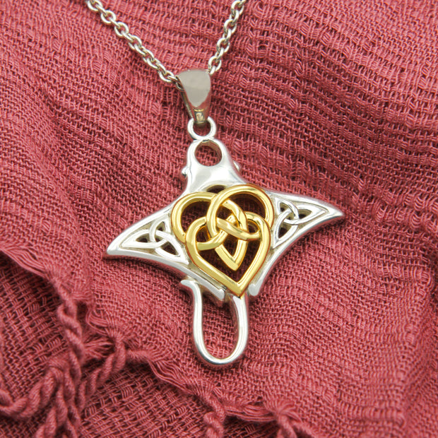 Manta Ray with Celtic Heart in the center Silver Pendant TPD6059