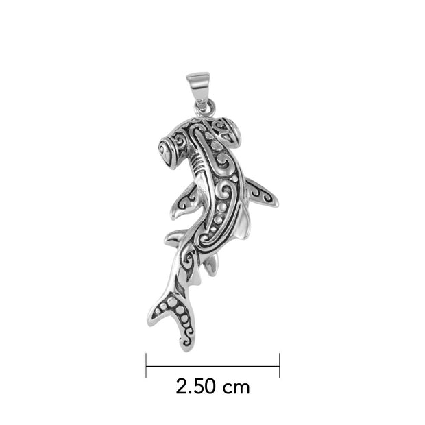 Hammerhead Shark with Aboriginal Designs Engrave into Body Silver Pendant TPD6104