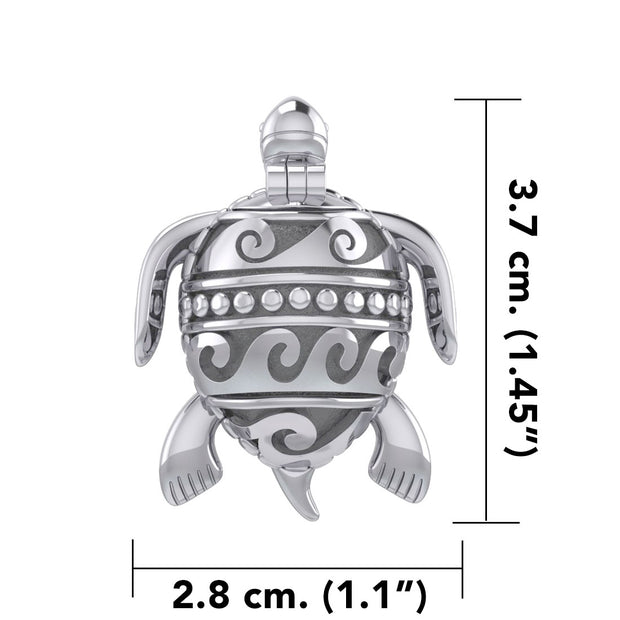 Turtle with Wave Design on The Shell Silver Locket Pendant and Pin in One TPD6113