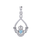 Claddagh with Heart Gemstone and Crescent Moon at the bottom Silver Pendant TPD6124