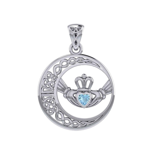 Celtic Crescent Moon and Claddagh with Heart Gemstone Silver Pendant TPD6127