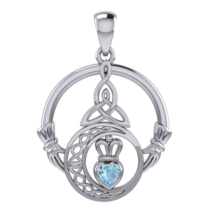 Claddagh and Celtic Crescent Moon with Heart Gemstone Silver Pendant TPD6130