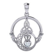 Claddagh and Celtic Crescent Moon with Heart Gemstone Silver Pendant TPD6130