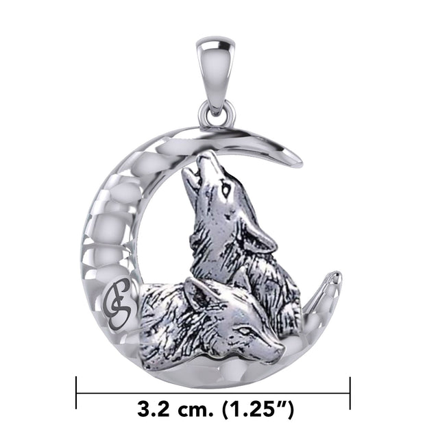 Peter Stone Double Wolves with Crescent Moon Silver Pendant TPD6137