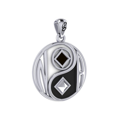 Balancing Yin Yang With NA Recovery Symbol Sterling Silver Pendant with Black and White EnamelTPD6352