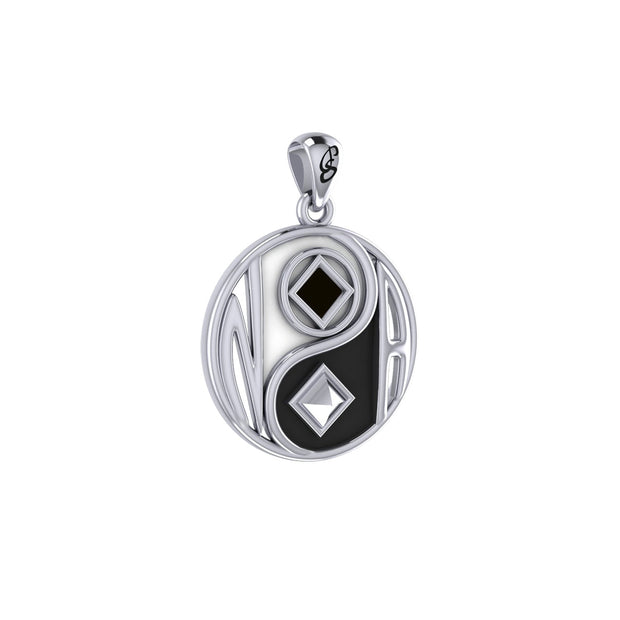 Balancing Yin Yang With NA Recovery Symbol Solid Gold Pendant with Black and White Enamel GPD6352