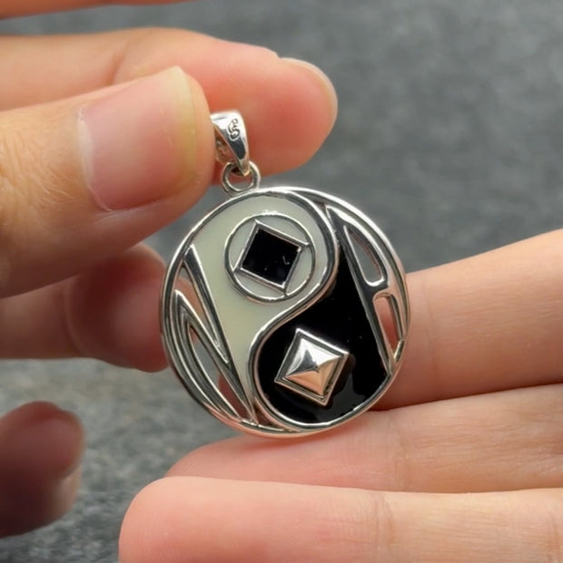 Balancing Yin Yang With NA Recovery Symbol Sterling Silver Pendant with Black and White EnamelTPD6352
