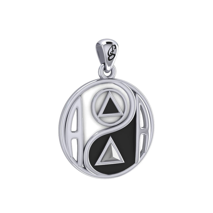 Balancing Yin Yang With AA Recovery Symbol Sterling Silver Pendant with Black and White Enamel TPD6353