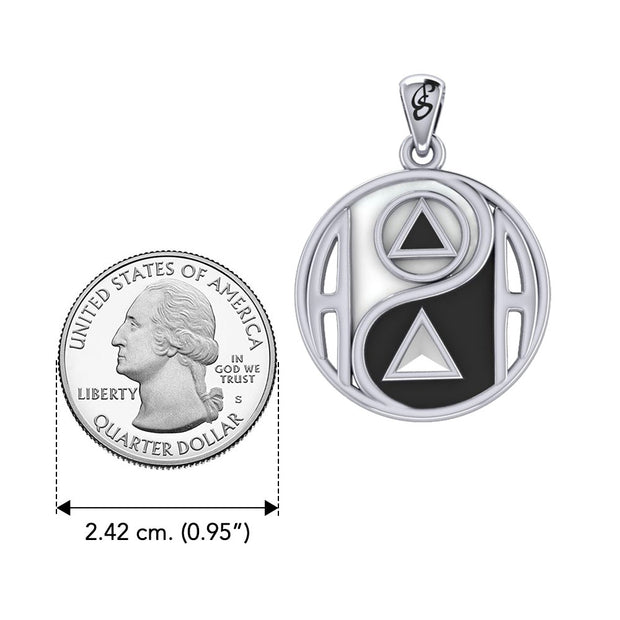 Balancing Yin Yang With AA Recovery Symbol Sterling Silver Pendant with Black and White Enamel TPD6353