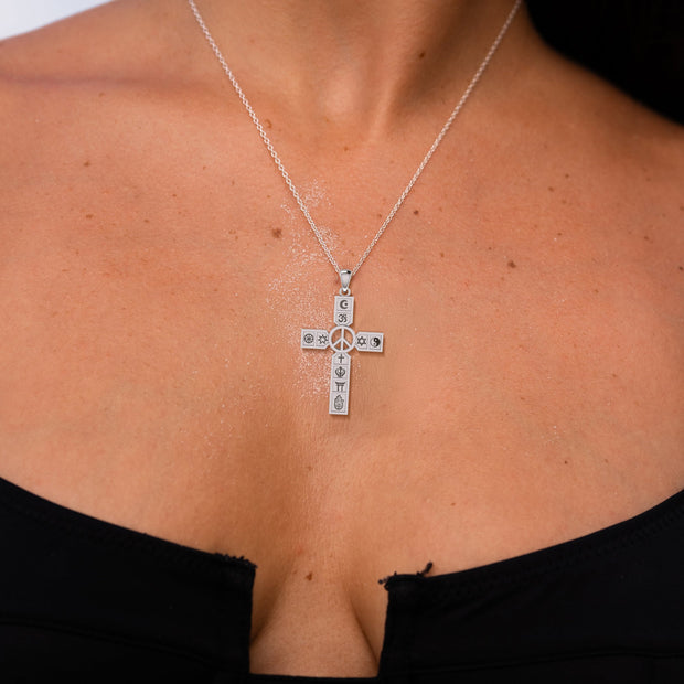 Universal Faiths Symbol Cross with Peace Sterling Silver Pendant TPD6361