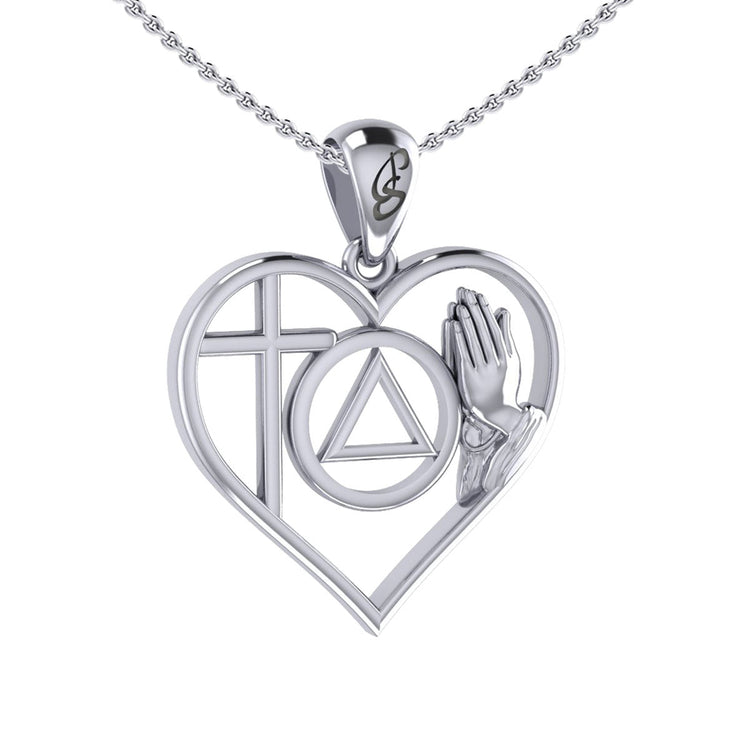 AA Recovery Symbol with Faith and Christogram in Heart Sterling Silver Pendant TPD6386