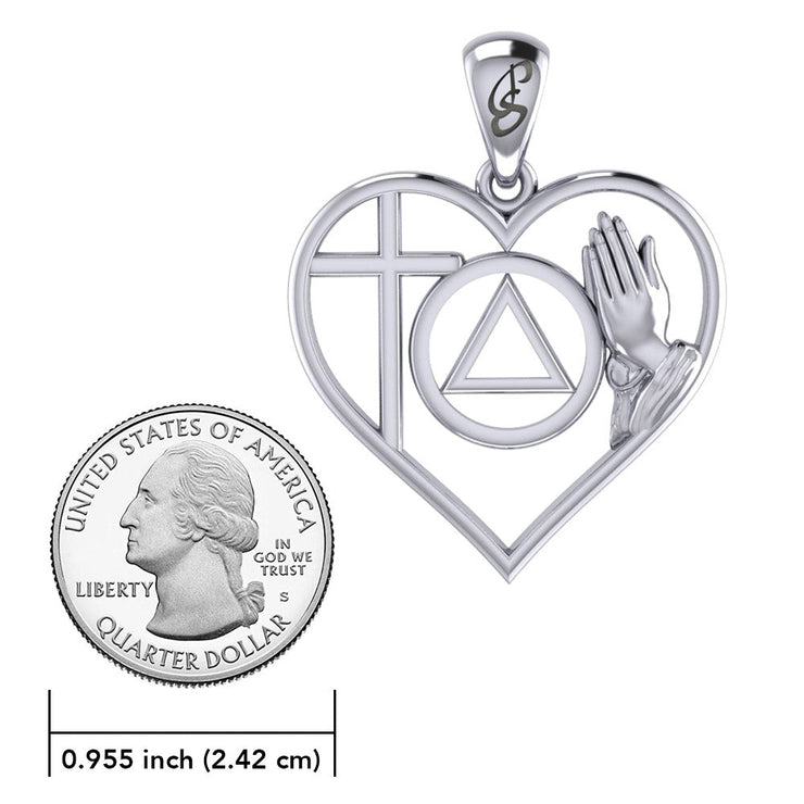 AA Recovery Symbol with Faith and Christogram in Heart Sterling Silver Pendant TPD6386