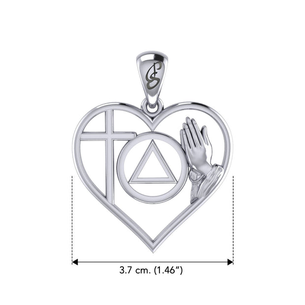 AA Recovery Symbol with Faith and Christogram in Heart Sterling Silver Pendant TPD6386