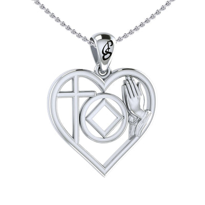 NA Recovery Symbol with Faith and Christogram in Heart Sterling Silver Pendant TPD6396