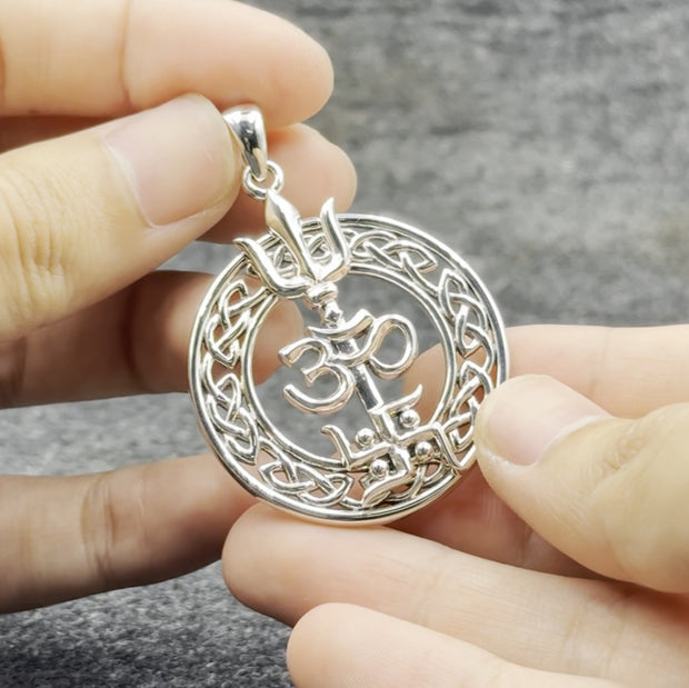 The Trishul Om Swastik Symbols Silver Pendant with Celtic Border TPD7001