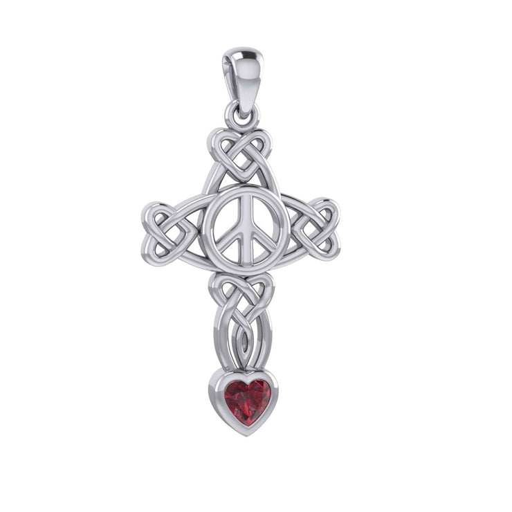 Celtic Heart in Cross Shape with Peace Symbol Silver Pendant with Heart Gemstone TPD7007