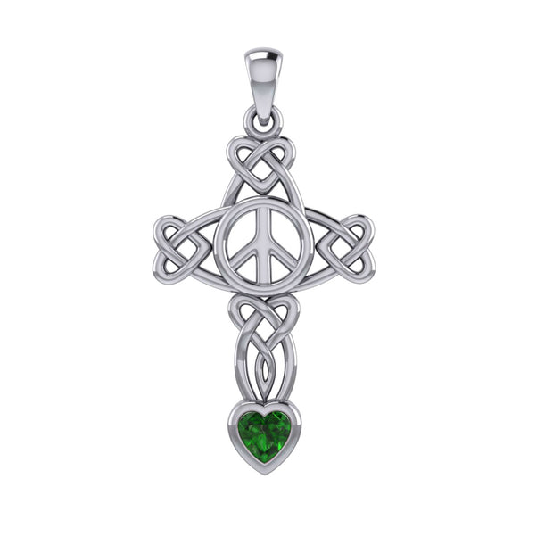 Celtic Heart in Cross Shape with Peace Symbol Silver Pendant with Heart Gemstone TPD7007