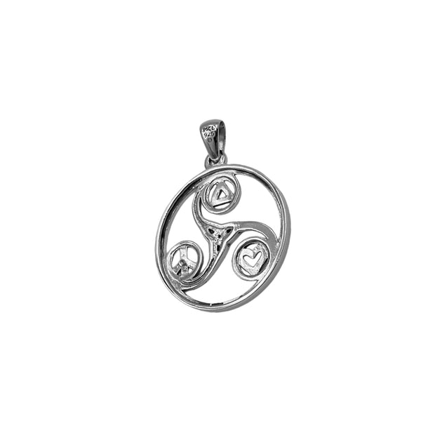 Celtic Triskele with Peace Heart and Recovery Symbols Silver Pendant TPD7016