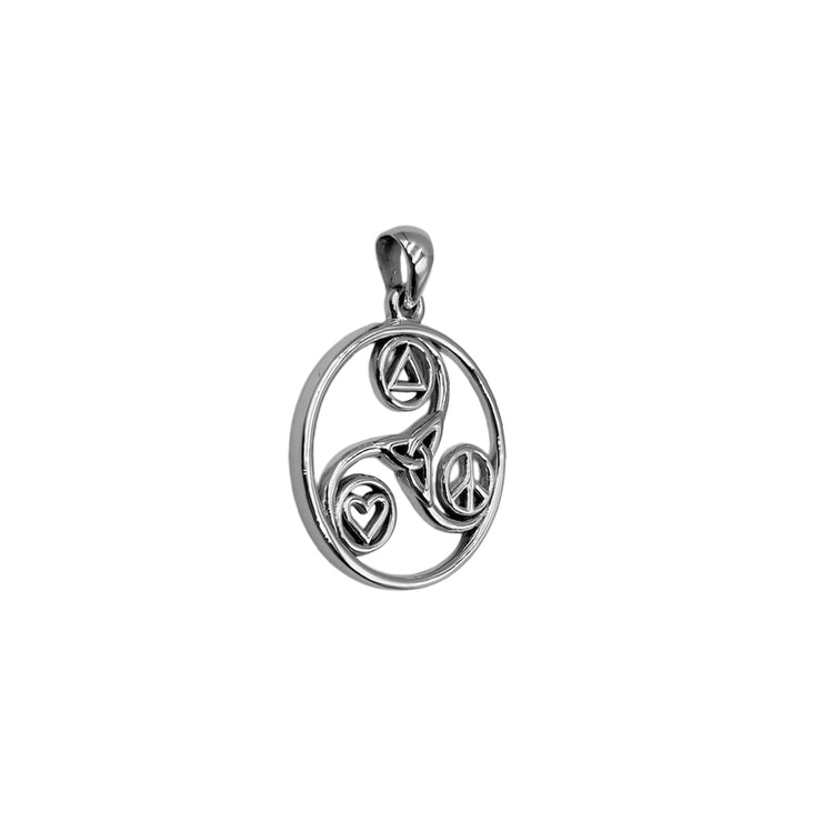 Celtic Triskele with Peace Heart and Recovery Symbols Silver Pendant TPD7016