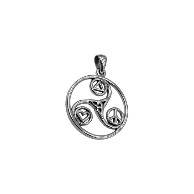 Celtic Triskele with Peace Heart and Recovery Symbols Silver Pendant TPD7016