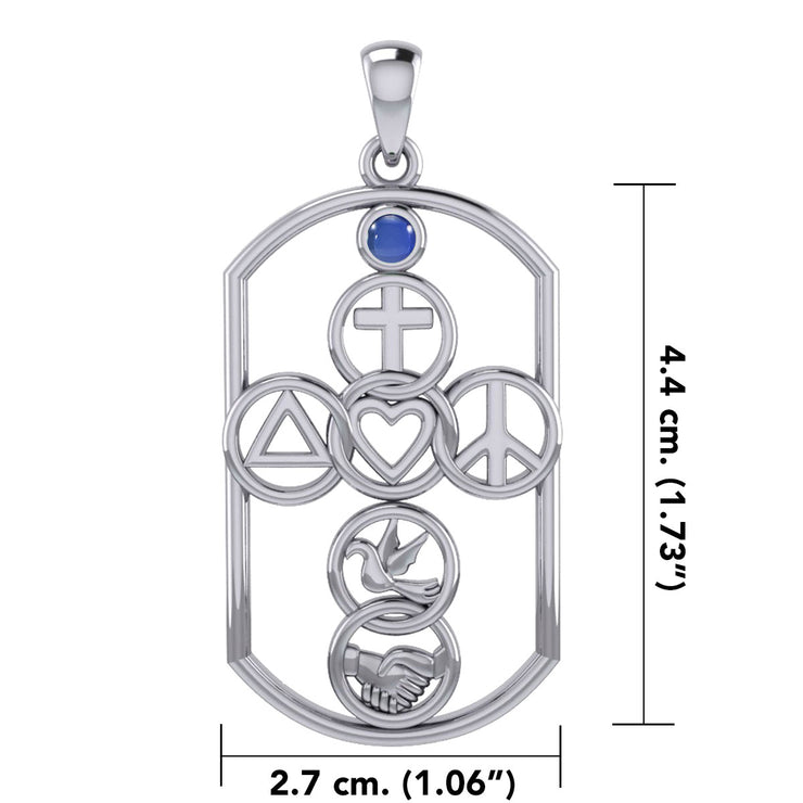 Cross with Love Peace Dove and handshake Silver Pendant with Gemstone TPD7023
