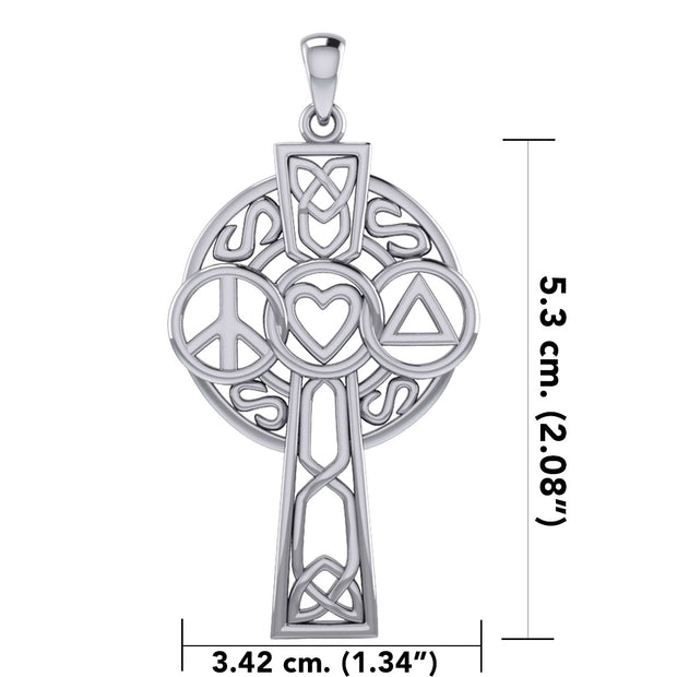Large Celtic Cross with Heart Peace and Recovery Symbols Silver Pendant TPD7024