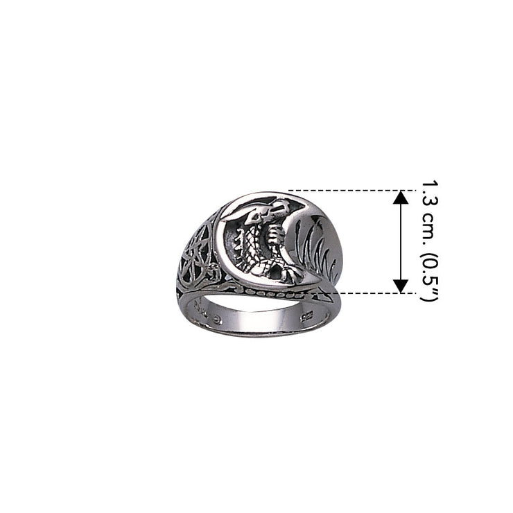 Dragon in Crescent Moon with Pentacle Sterling Silver Ring TR1502