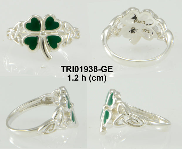 Celtic with Lucky Four Leaf Clover Silver Ring with Enamel TRI1938