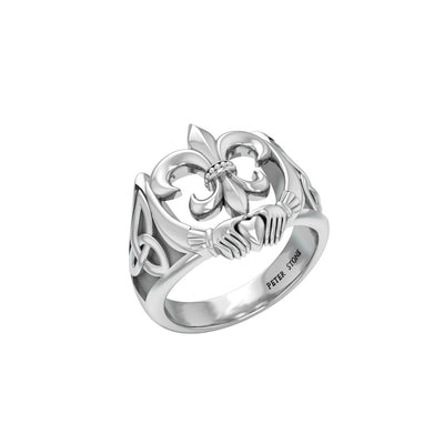 A powerful combination of Celtic elements ~ Sterling Silver Jewelry Ring in Fleur-de-Lis and Claddagh TRI172