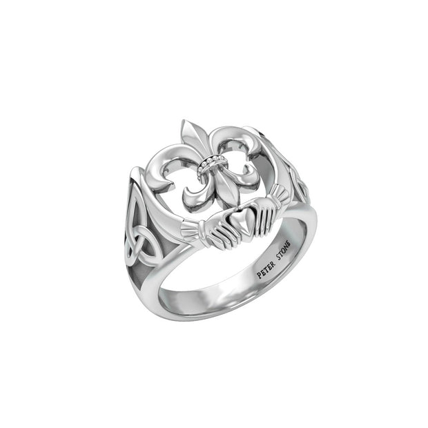 A powerful combination of Celtic elements ~ Fleur-de-Lis and Claddagh Sterling Silver Ring TRI172