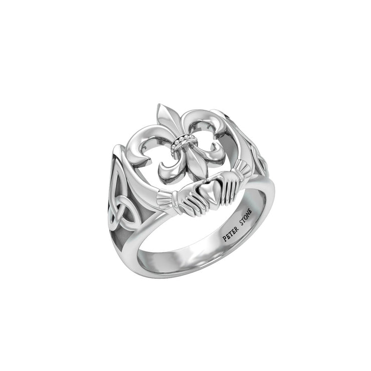 A powerful combination of Celtic elements ~ Fleur-de-Lis and Claddagh Sterling Silver Ring TRI172