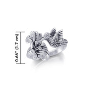 Hummingbird Suspended in Flight and Sweet Flowers Nectar Shimmering in Sterling Silver Ring TRI1805