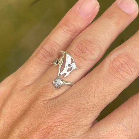 Angel Fish With Seashell Sterling Silver Ring TRI2345