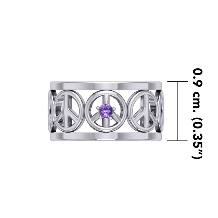 Peace Symbols Silver Band Ring With Gemstone TRI2402