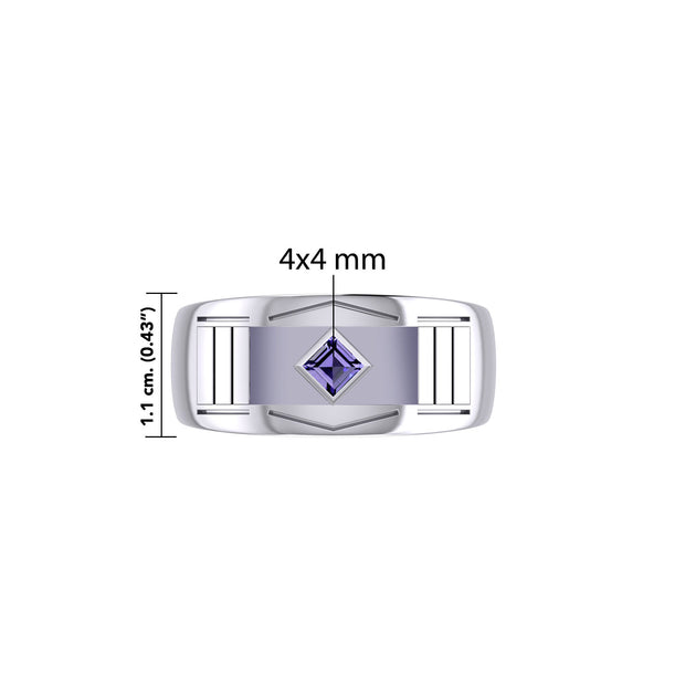 The Modern Silver Band Ring with Square Gemstone NA Symbol TRI2437