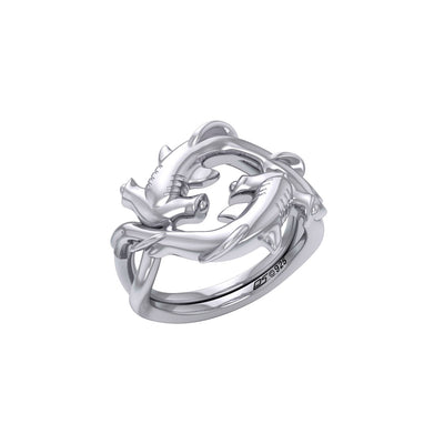 Enigma Fusion Sterling Silver Double-Hammer Headed Shark Puzzle Ring by Peter Stone TRI2470