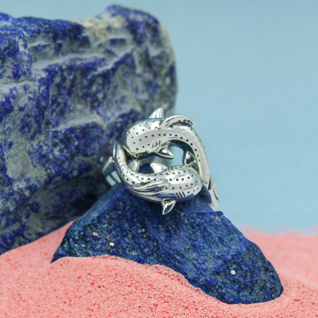 Marine Harmony Sterling Silver Whale Sharks Puzzle Ring by Peter Stone TRI2471