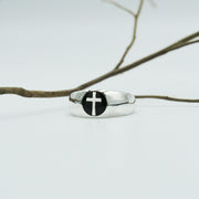 Spiritual Elegance Sterling Silver Faith Cross Men Band Ring with Black Accent by Peter Stone Jewelry TRI2475 - Wholesale Jewelry