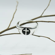 Spiritual Elegance Sterling Silver Faith Cross Men Band Ring with Black Accent by Peter Stone Jewelry TRI2475 - Wholesale Jewelry