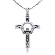 Claddagh on Celtic Knotwork Cross Silver Pendant with Chain Set TSE725