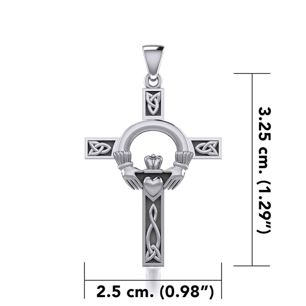 Claddagh on Celtic Knotwork Cross Silver Pendant with Chain Set TSE725