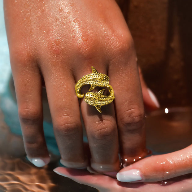 Double Whale Shark Sterling Silver with Gold Vermeil Plate Ring by DiveSilver Jewelry VRI1836