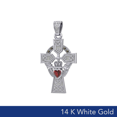Celtic Cross and Irish Claddagh 14K White Gold Pendant with Heart Gemstone WPD5340