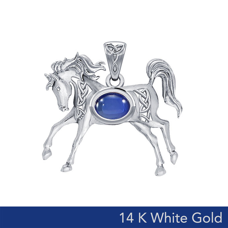 Celtic Running Horse 14K White Gold Pendant with Gem WPD5730