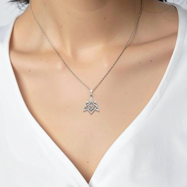 Celtic Whale Tail And Double Heart Solid White Gold Pendant WPD6055